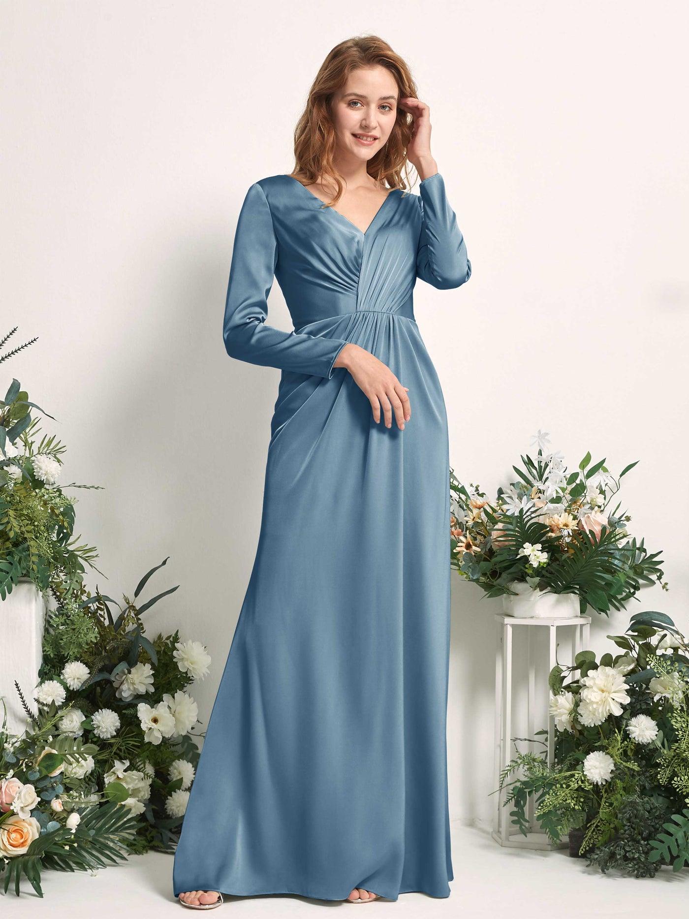 Ink blue Bridesmaid Dresses Bridesmaid Dress A-line Satin V-neck Full Length Long Sleeves Wedding Party Dress (80225814)#color_ink-blue