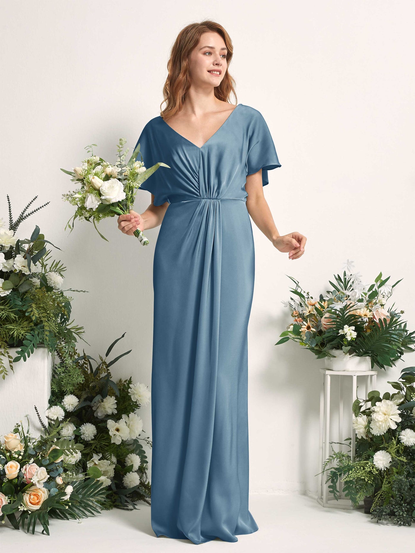 Ink blue Bridesmaid Dresses Bridesmaid Dress A-line Satin V-neck Full Length Short Sleeves Wedding Party Dress (80225514)#color_ink-blue