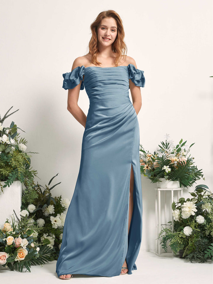 Ink blue Bridesmaid Dresses Bridesmaid Dress A-line Satin Off Shoulder Full Length Short Sleeves Wedding Party Dress (80226414)