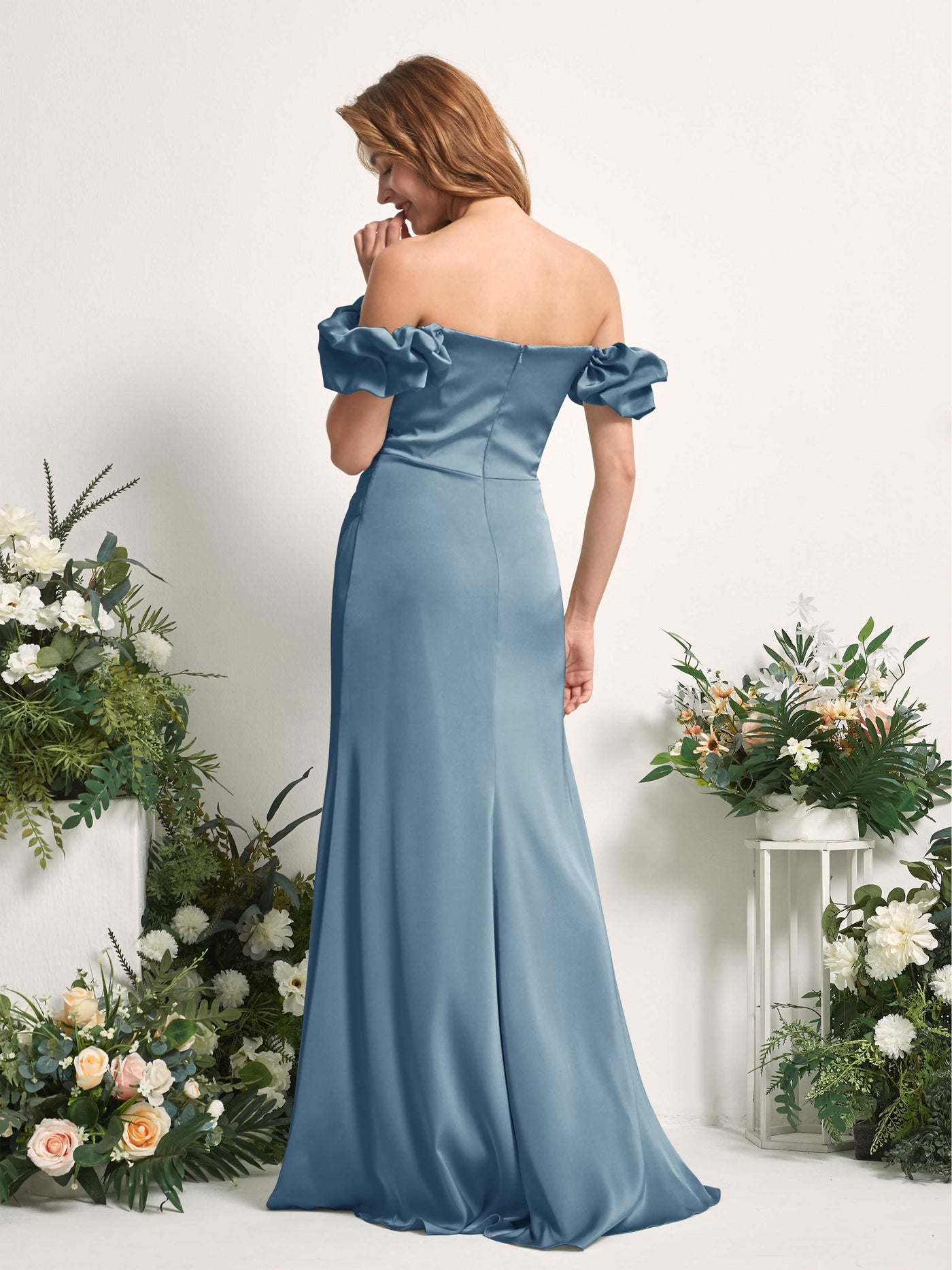 Ink blue Bridesmaid Dresses Bridesmaid Dress A-line Satin Off Shoulder Full Length Short Sleeves Wedding Party Dress (80226414)#color_ink-blue