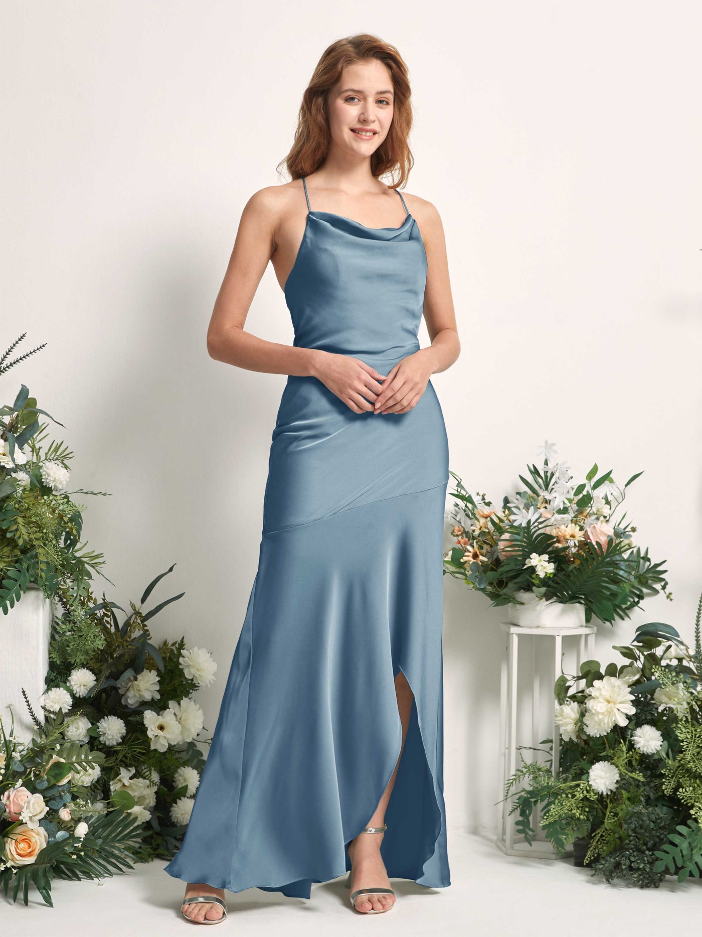 Ink blue Bridesmaid Dresses Bridesmaid Dress Mermaid/Trumpet Satin Spaghetti-straps High Low Sleeveless Wedding Party Dress (80226114)#color_ink-blue
