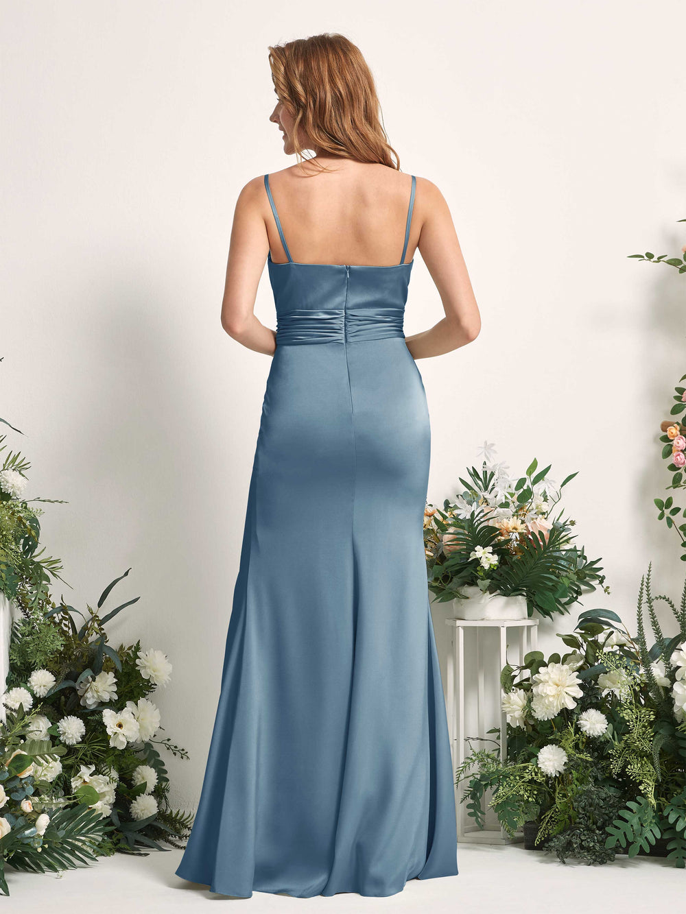 ink blue dresses for women Zapaka Women Ink Blue Bridesmaid Dress A Line Keyhole V-Neck Satin Long  Wedding Party Dress – ZAPAKA