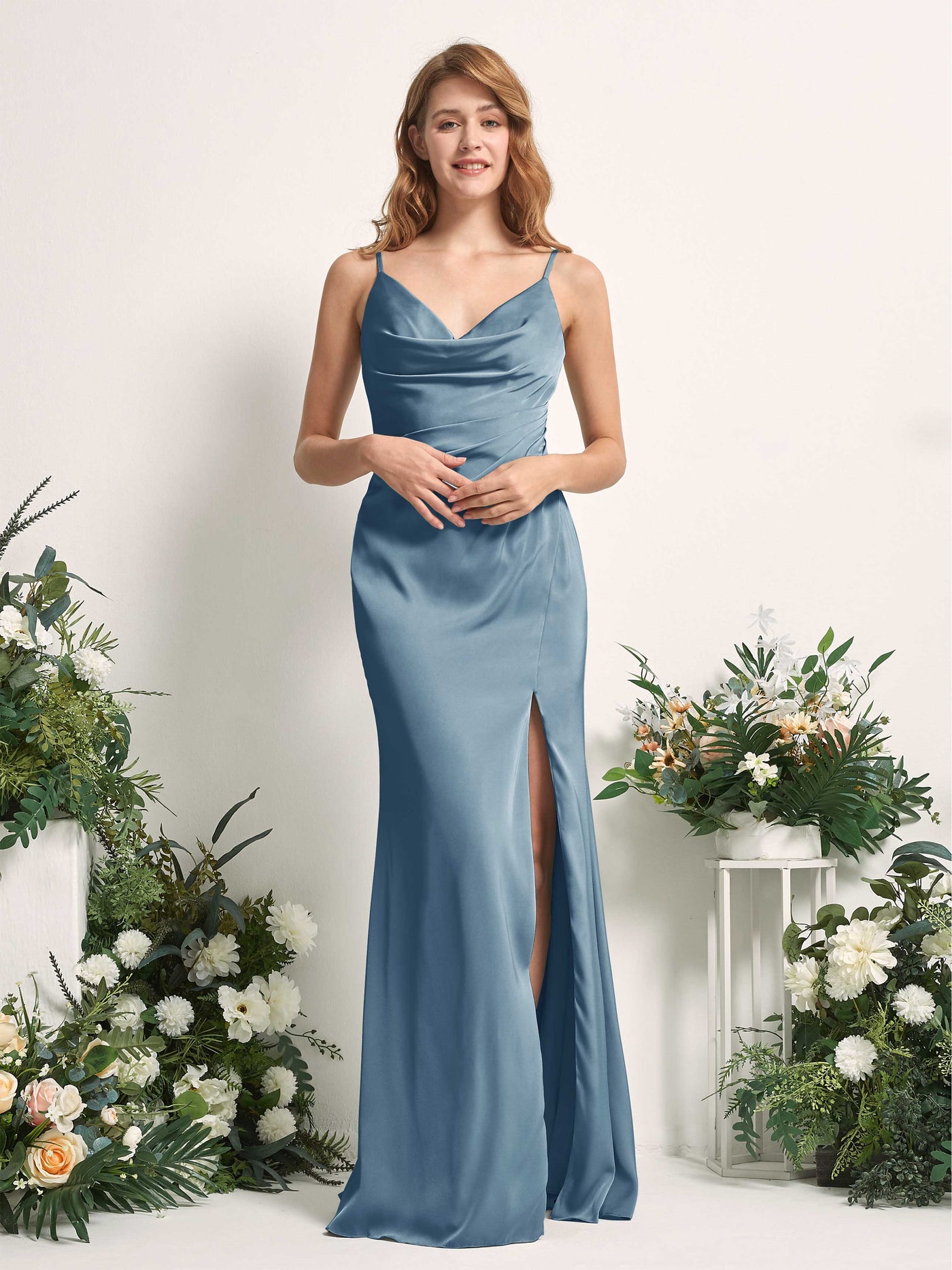 Ink blue Bridesmaid Dresses Bridesmaid Dress Mermaid/Trumpet Satin Spaghetti-straps Full Length Sleeveless Wedding Party Dress (80225914)#color_ink-blue