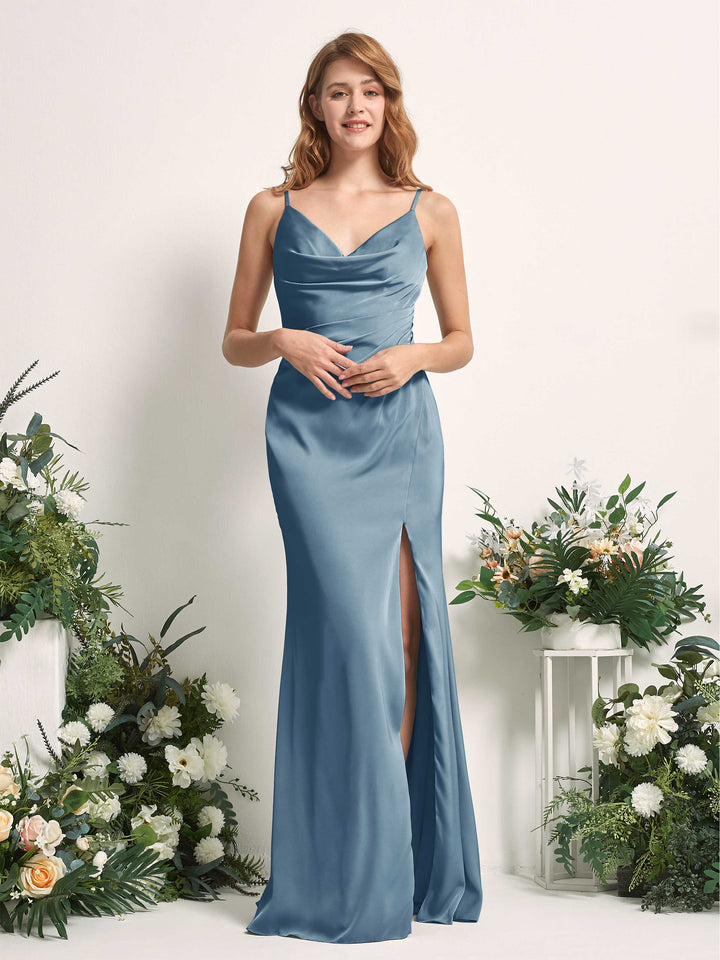 Ink blue Bridesmaid Dresses Bridesmaid Dress Mermaid/Trumpet Satin Spaghetti-straps Full Length Sleeveless Wedding Party Dress (80225914)