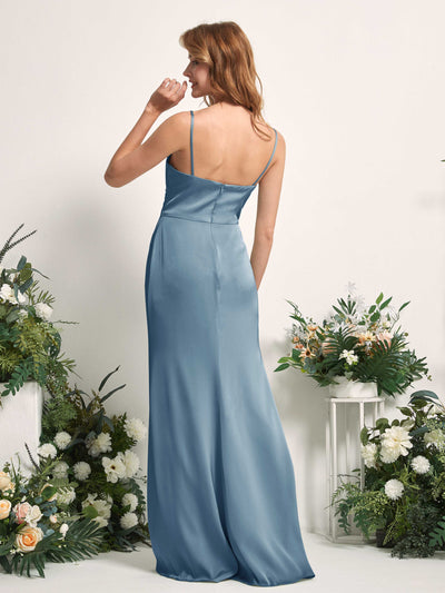 Carlyna Hayley Mermaid Ink blue Satin Bridesmaid Dress Maxi Sleeveless V-Neck Dress Back View #color_ink-blue