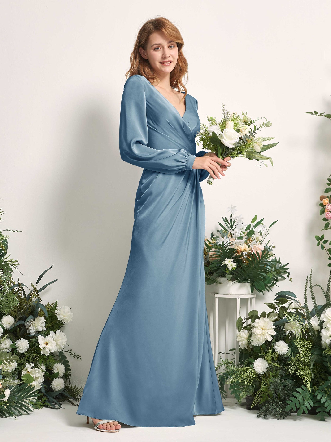 Ink blue Bridesmaid Dresses Bridesmaid Dress Ball Gown Satin V-neck Full Length Long Sleeves Wedding Party Dress (80225114)#color_ink-blue