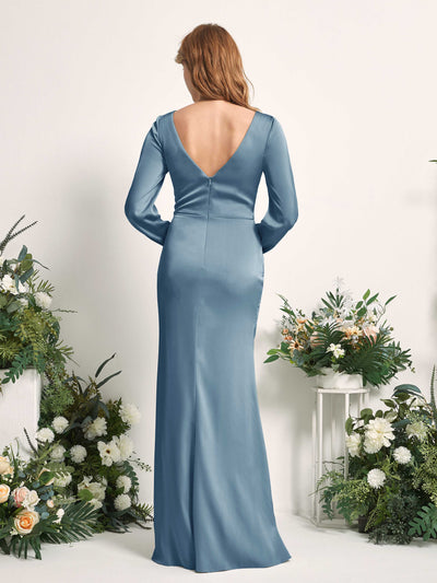 Carlyna Taylor Mermaid Ink blue Satin Bridesmaid Dress Maxi Long Sleeve V-Neck Back View #color_ink-blue