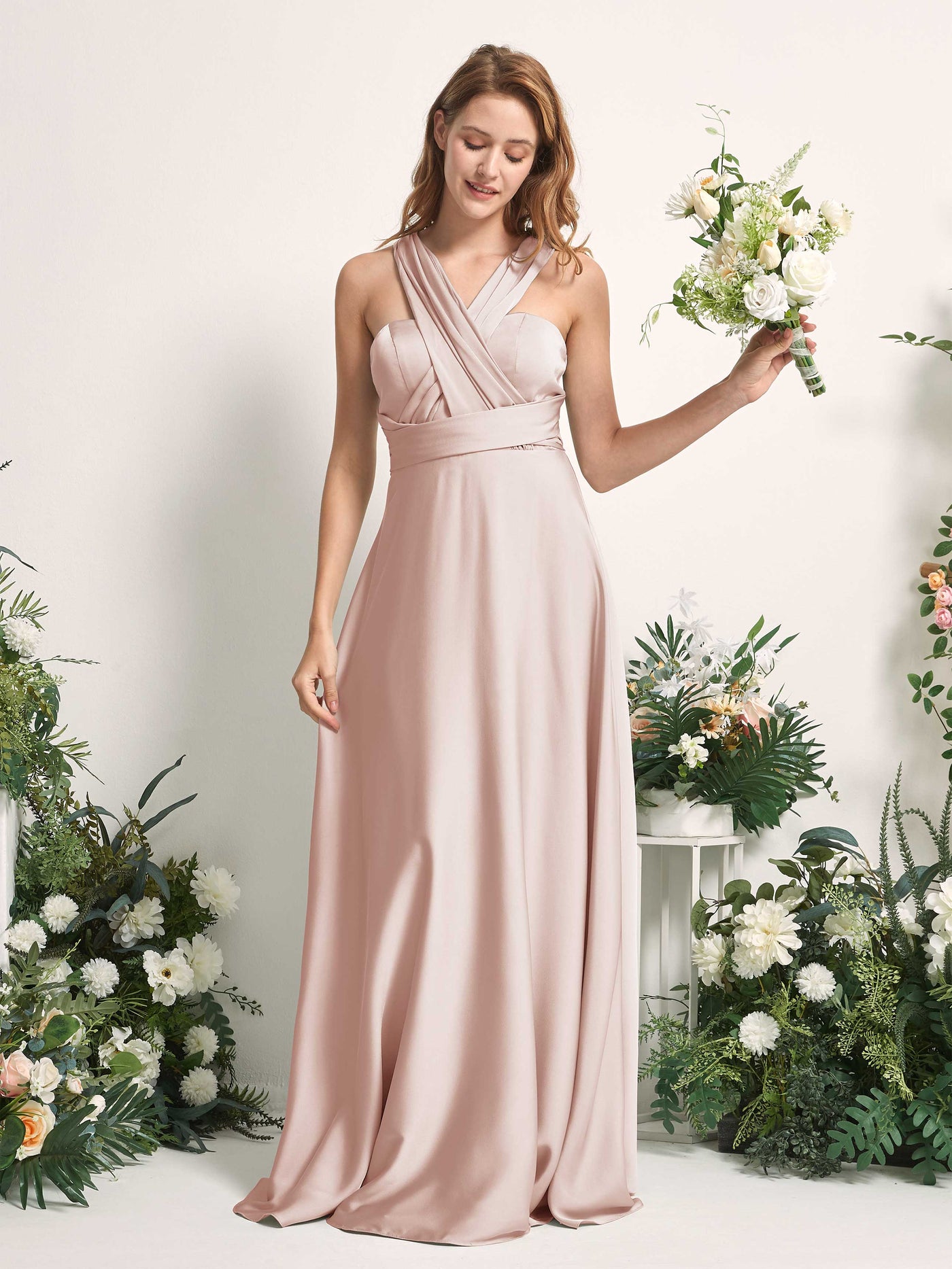 Pearl Pink Bridesmaid Dresses Bridesmaid Dress A-line Satin Halter Full Length Short Sleeves Wedding Party Dress (81226410)#color_pearl-pink
