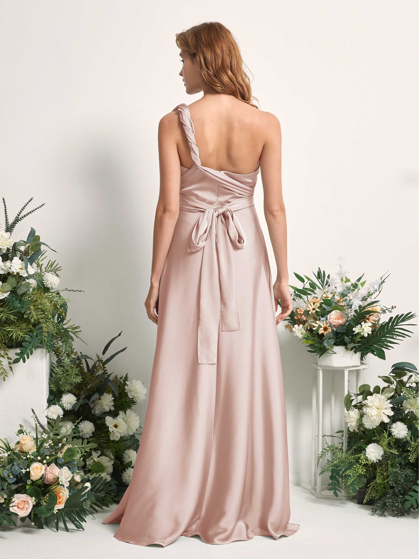 Pearl Pink Bridesmaid Dresses Bridesmaid Dress A-line Satin Halter Full Length Short Sleeves Wedding Party Dress (81226410)#color_pearl-pink