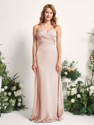 Carlyna Allison A-Line Pearl Pink Satin Bridesmaid Dress Maxi Sleeveless V-Neck Dress Front View #color_pearl-pink
