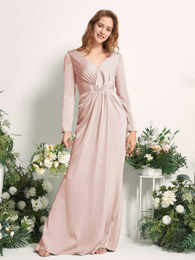 Carlyna Alicia Mermaid Pearl Pink Satin Bridesmaid Dress Maxi Long Sleeve V-Neck Front View #color_pearl-pink