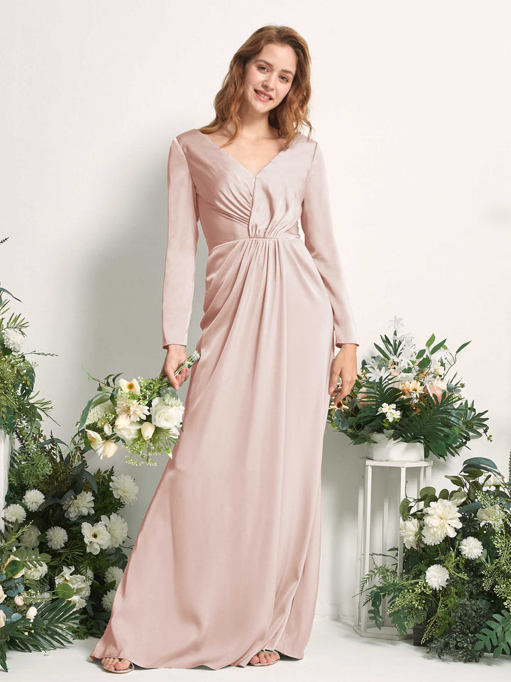 Pearl Pink Bridesmaid Dresses Bridesmaid Dress A-line Satin V-neck Full Length Long Sleeves Wedding Party Dress (80225810)