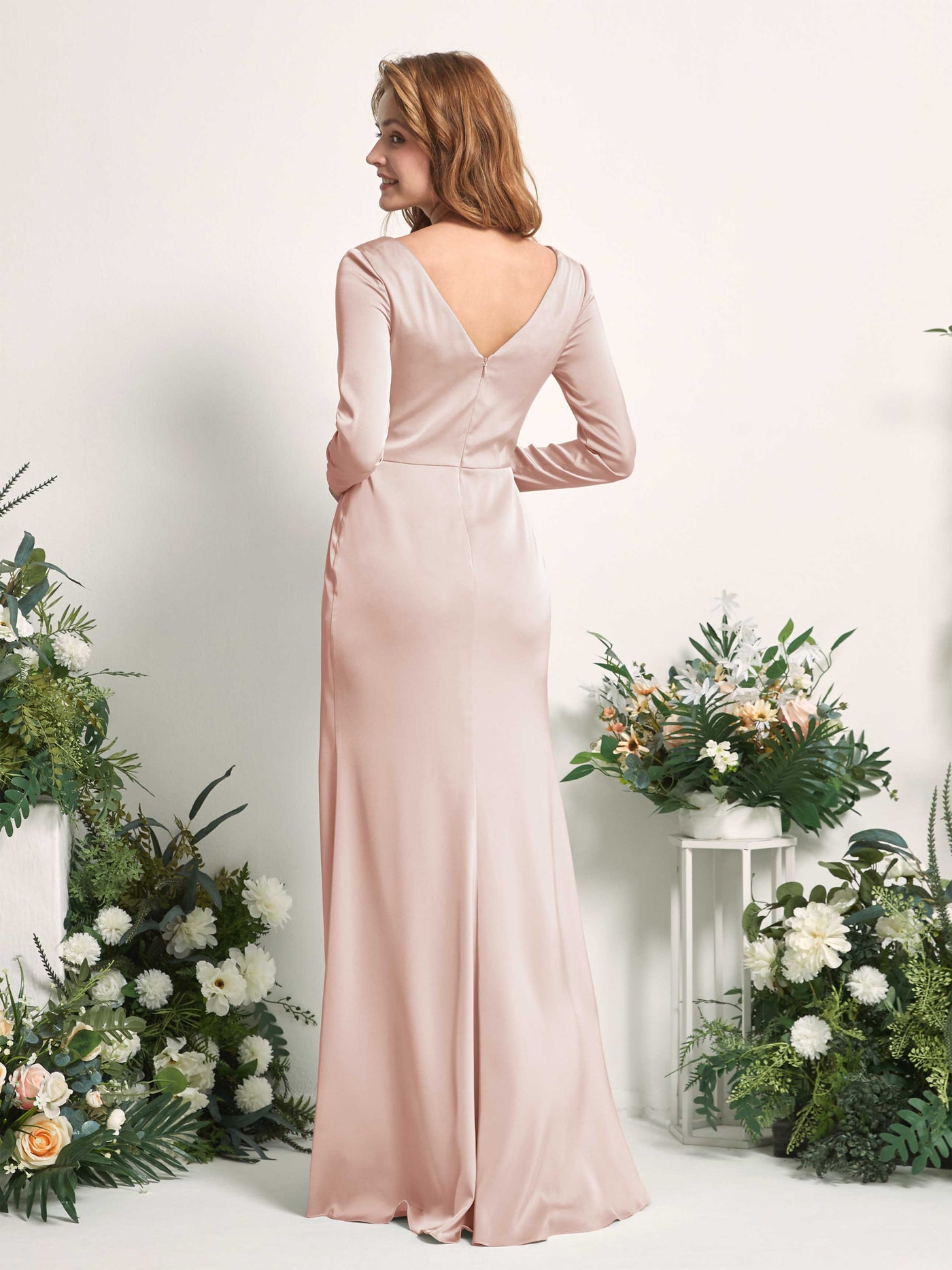Pearl Pink Bridesmaid Dresses Bridesmaid Dress A-line Satin V-neck Full Length Long Sleeves Wedding Party Dress (80225810)#color_pearl-pink