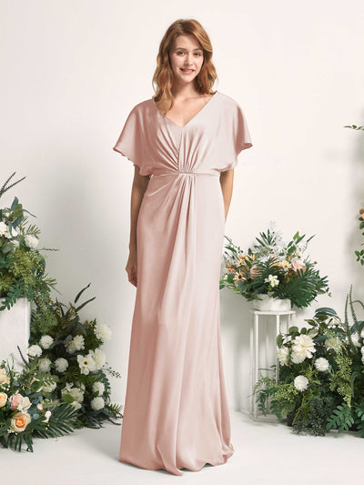Carlyna Bailey A-Line Pearl Pink Satin Bridesmaid Dress Maxi Cap Sleeve V-Neck Dress Front View #color_pearl-pink
