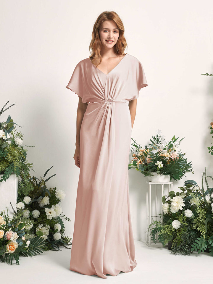 Pearl Pink Bridesmaid Dresses Bridesmaid Dress A-line Satin V-neck Full Length Short Sleeves Wedding Party Dress (80225510)