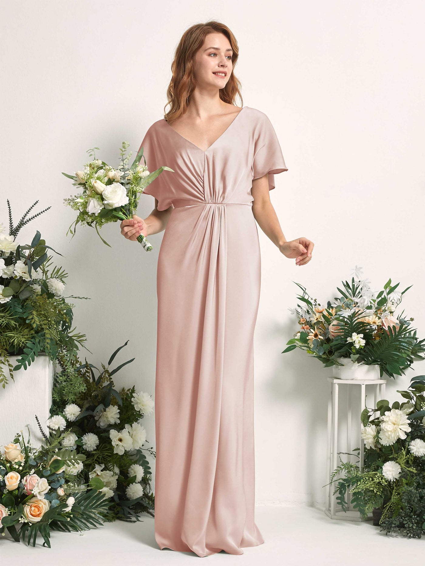 Pearl Pink Bridesmaid Dresses Bridesmaid Dress A-line Satin V-neck Full Length Short Sleeves Wedding Party Dress (80225510)#color_pearl-pink