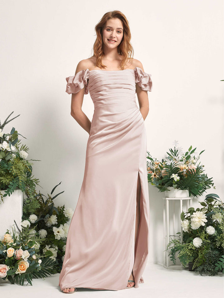 Pearl Pink Bridesmaid Dresses Bridesmaid Dress A-line Satin Off Shoulder Full Length Short Sleeves Wedding Party Dress (80226410)
