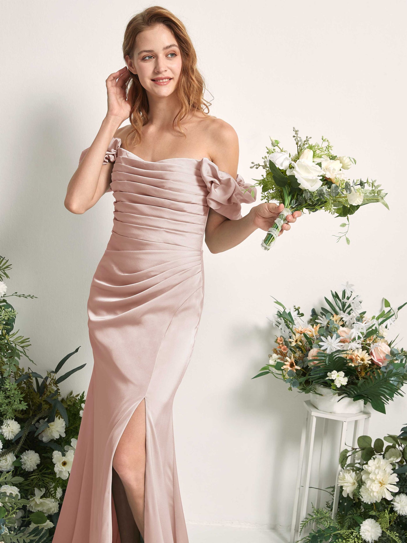 Pearl Pink Bridesmaid Dresses Bridesmaid Dress A-line Satin Off Shoulder Full Length Short Sleeves Wedding Party Dress (80226410)#color_pearl-pink
