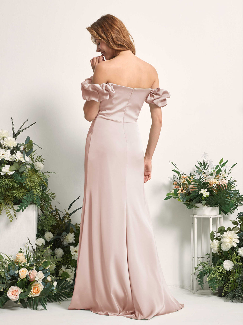 strapless open back dress Keyhole Back One Shoulder Ruched Satin Mermaid Maxi Dress With Slit –  KOREYILA main image 0