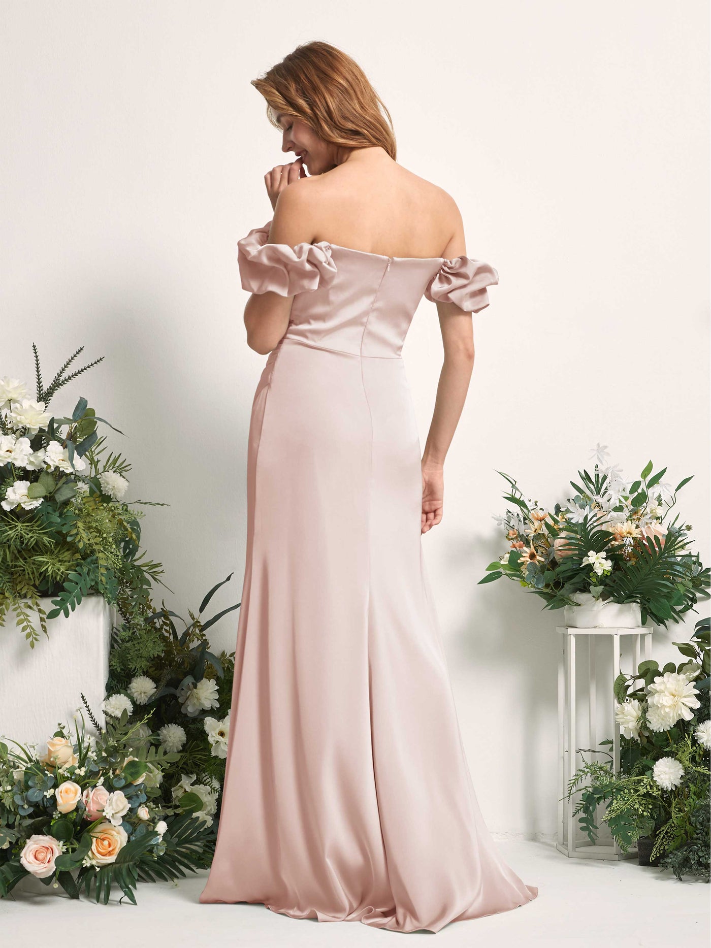 Pearl Pink Bridesmaid Dresses Bridesmaid Dress A-line Satin Off Shoulder Full Length Short Sleeves Wedding Party Dress (80226410)#color_pearl-pink