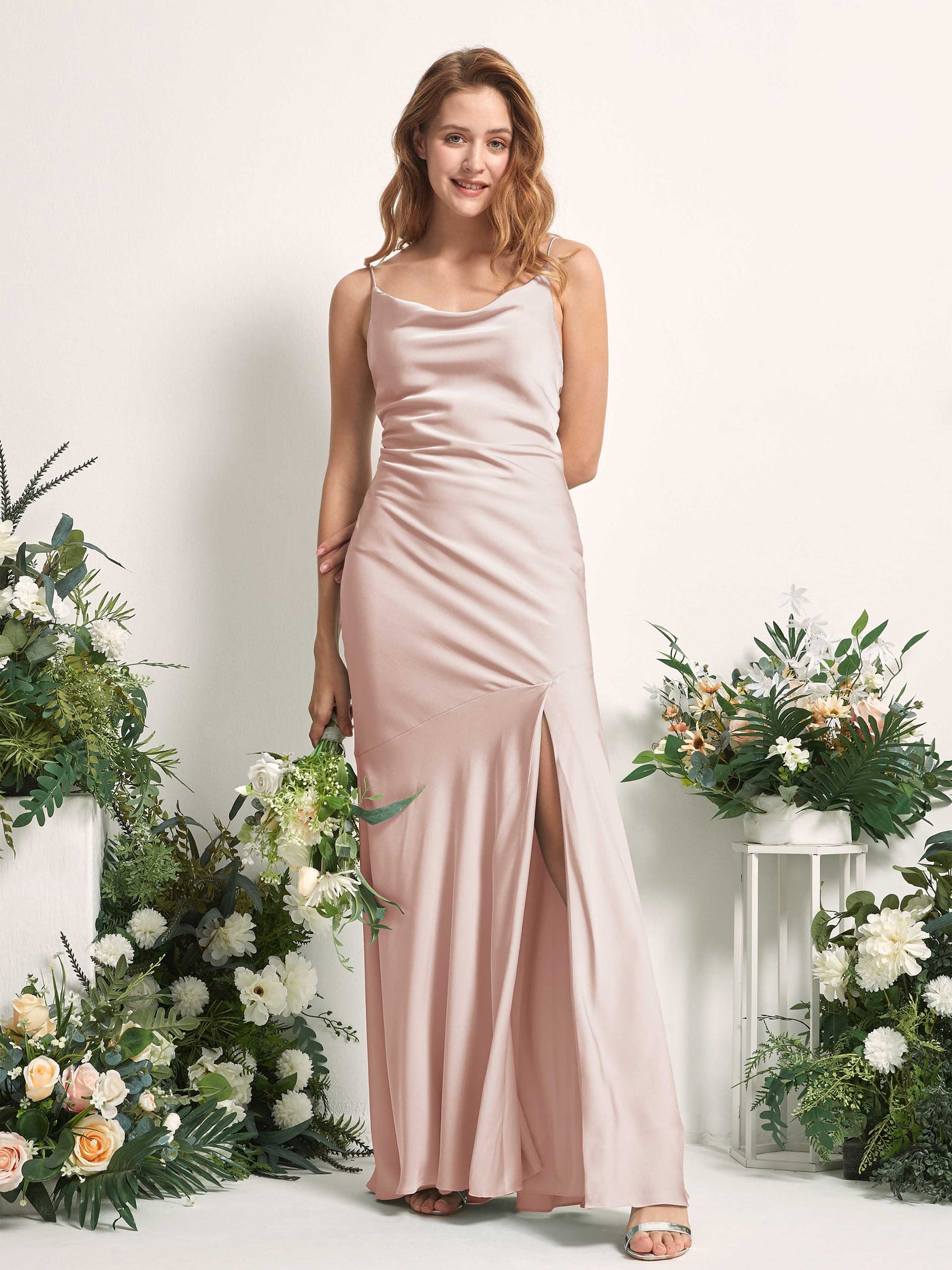 Pearl Pink Bridesmaid Dresses Bridesmaid Dress Mermaid/Trumpet Satin Spaghetti-straps Full Length Sleeveless Wedding Party Dress (80225610)#color_pearl-pink