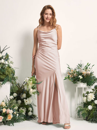 Carlyna Miranda Mermaid Pearl Pink Satin Bridesmaid Dress Maxi Sleeveless Cowl Neck Dress Front View #color_pearl-pink