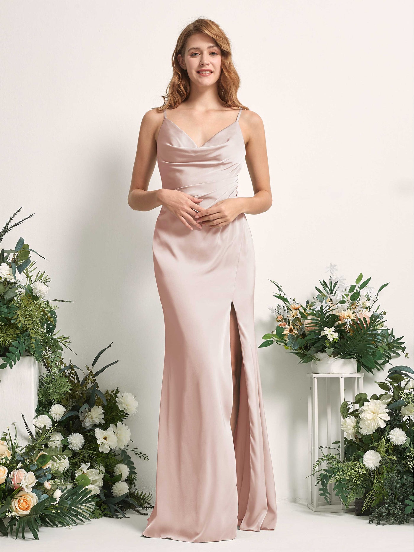 Pearl Pink Bridesmaid Dresses Bridesmaid Dress Mermaid/Trumpet Satin Spaghetti-straps Full Length Sleeveless Wedding Party Dress (80225910)#color_pearl-pink