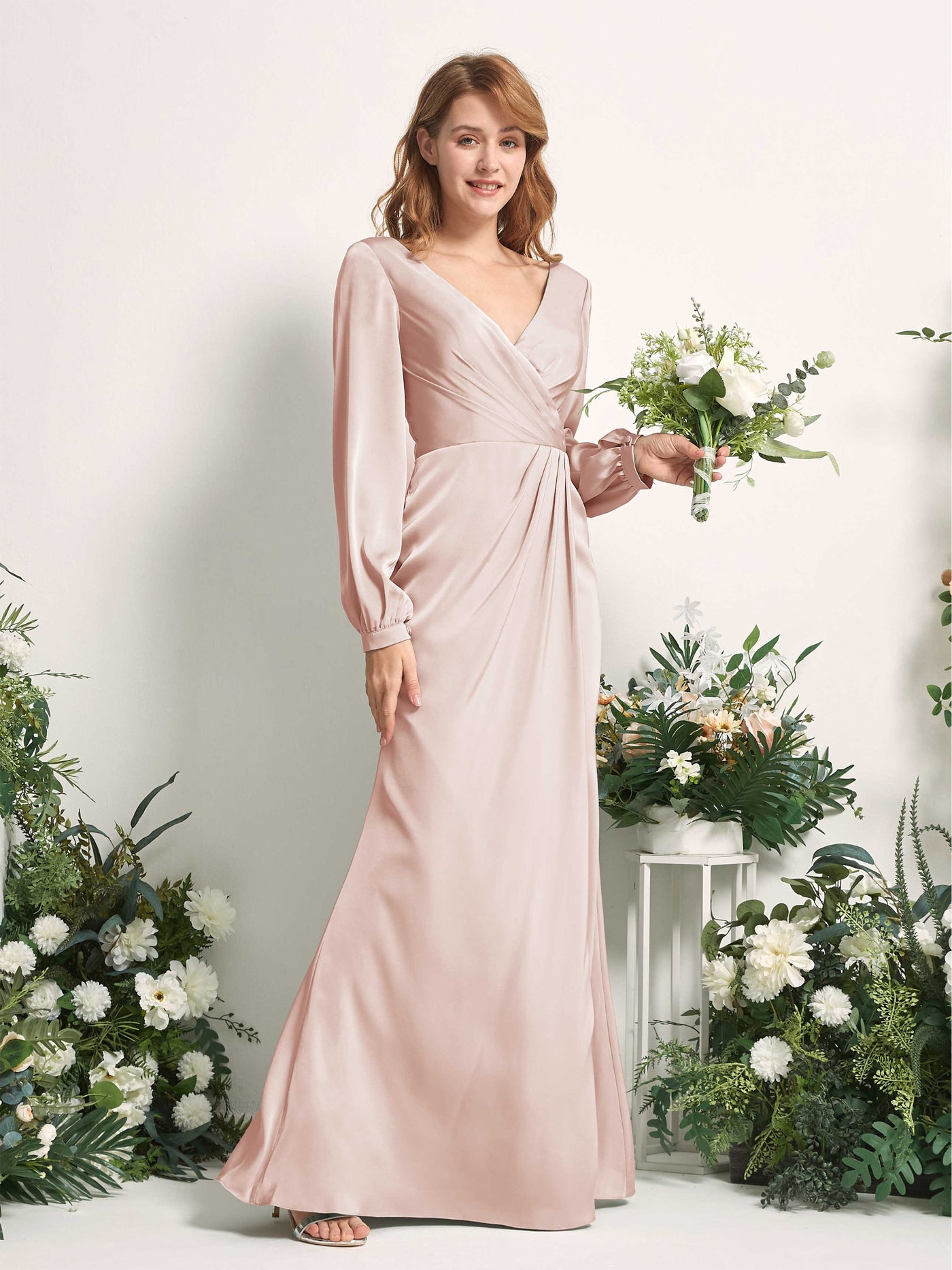 Pearl Pink Bridesmaid Dresses Bridesmaid Dress Ball Gown Satin V-neck Full Length Long Sleeves Wedding Party Dress (80225110)#color_pearl-pink