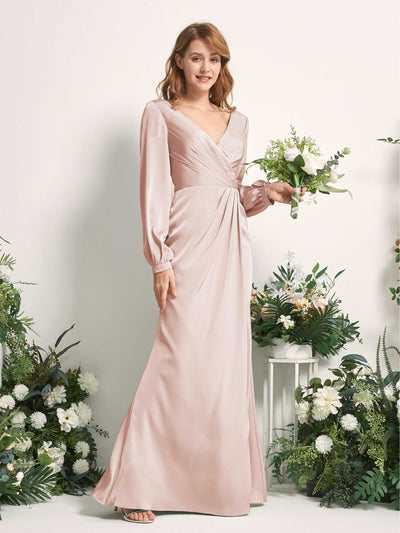 Carlyna Taylor Mermaid Pearl Pink Satin Bridesmaid Dress Maxi Long Sleeve V-Neck Front View #color_pearl-pink