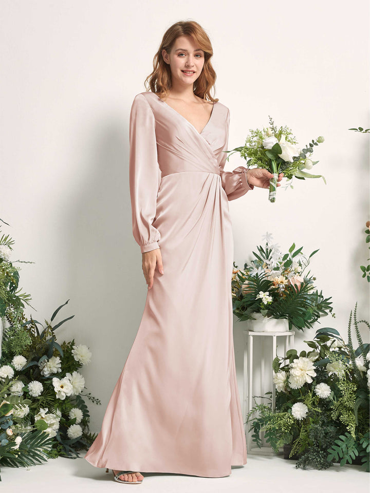Pearl Pink Bridesmaid Dresses Bridesmaid Dress Ball Gown Satin V-neck Full Length Long Sleeves Wedding Party Dress (80225110)
