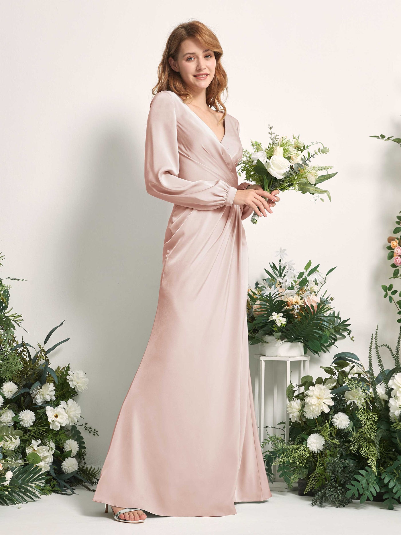 Pearl Pink Bridesmaid Dresses Bridesmaid Dress Ball Gown Satin V-neck Full Length Long Sleeves Wedding Party Dress (80225110)#color_pearl-pink