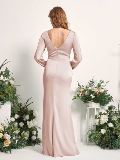Carlyna Taylor Mermaid Pearl Pink Satin Bridesmaid Dress Maxi Long Sleeve V-Neck Back View #color_pearl-pink