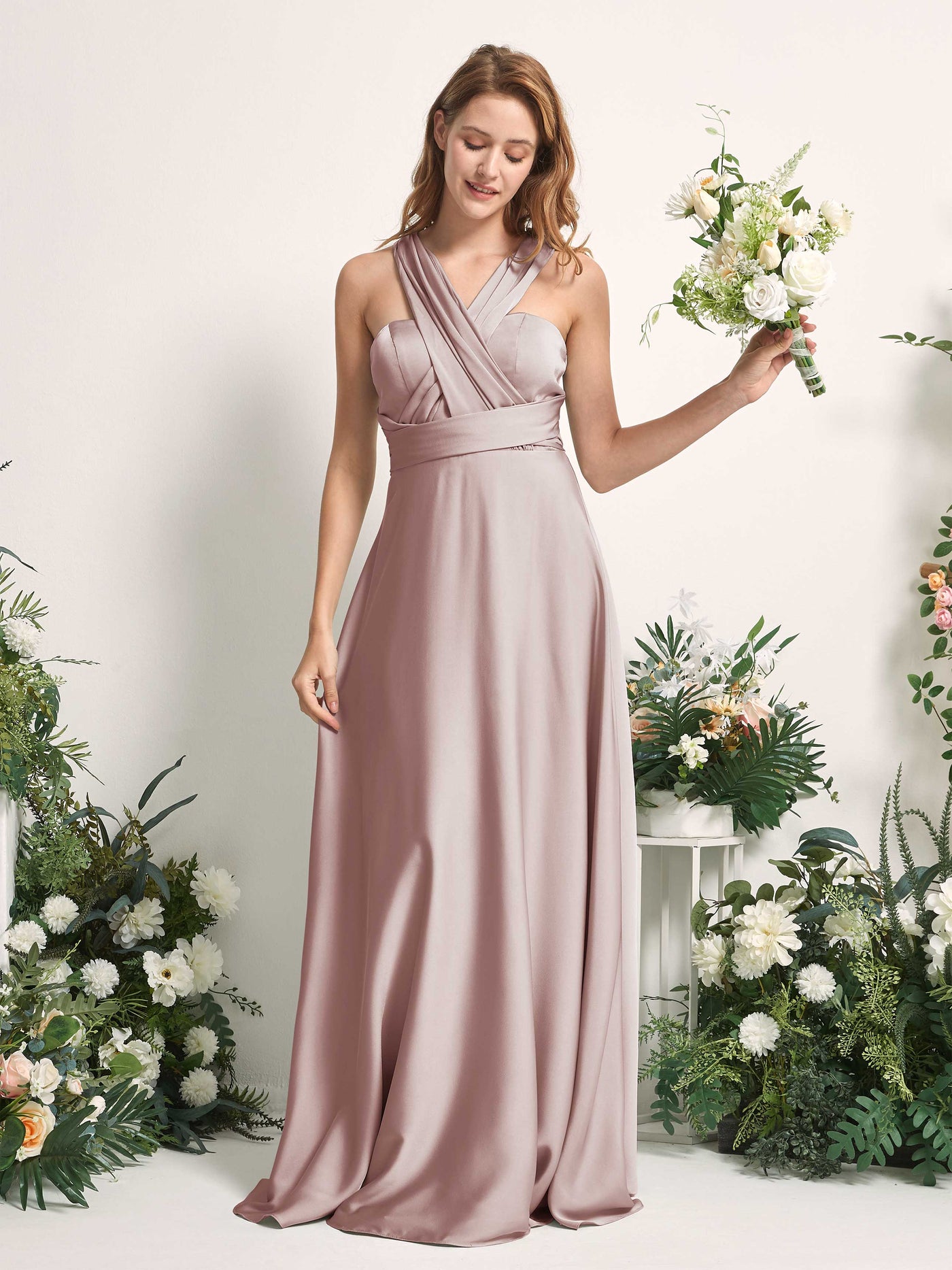 Dusty Rose Bridesmaid Dresses Bridesmaid Dress A-line Satin Halter Full Length Short Sleeves Wedding Party Dress (81226454)#color_dusty-rose