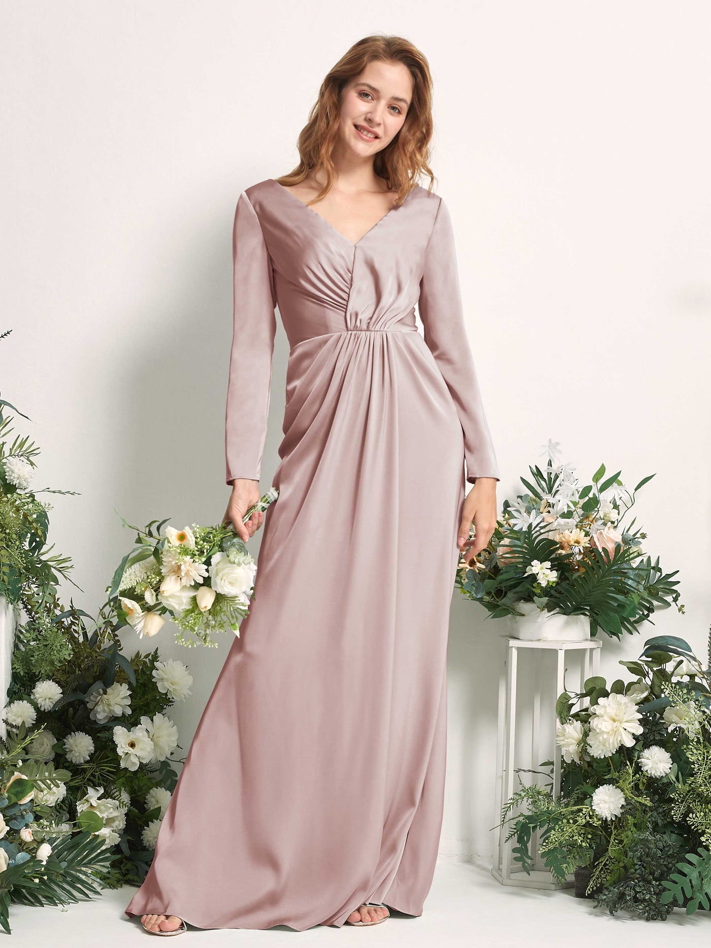 Rose Quartz Satin V-Neck Bridesmaid Dress Mermaid Floor-Length | Carlyna Rose Quartz Satin V-Neck Bridesmaid Dress Mermaid Floor-Length | Carlyna