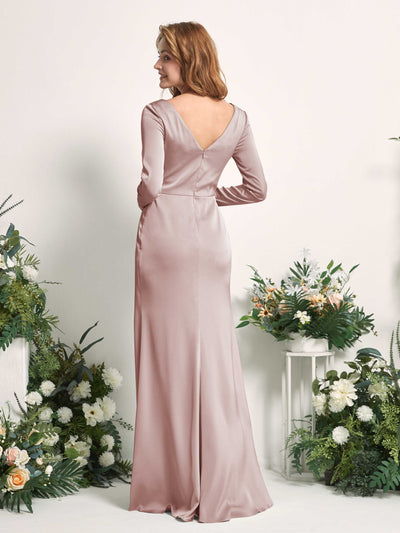 Carlyna Alicia Mermaid Dusty Rose Satin Bridesmaid Dress Maxi Long Sleeve V-Neck Back View #color_dusty-rose