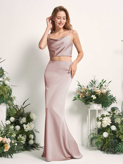 Carlyna Felicity Two-Piece Dusty Rose Satin Bridesmaid Dress Maxi Sleeveless Cowl Neck Dress Front View #color_dusty-rose
