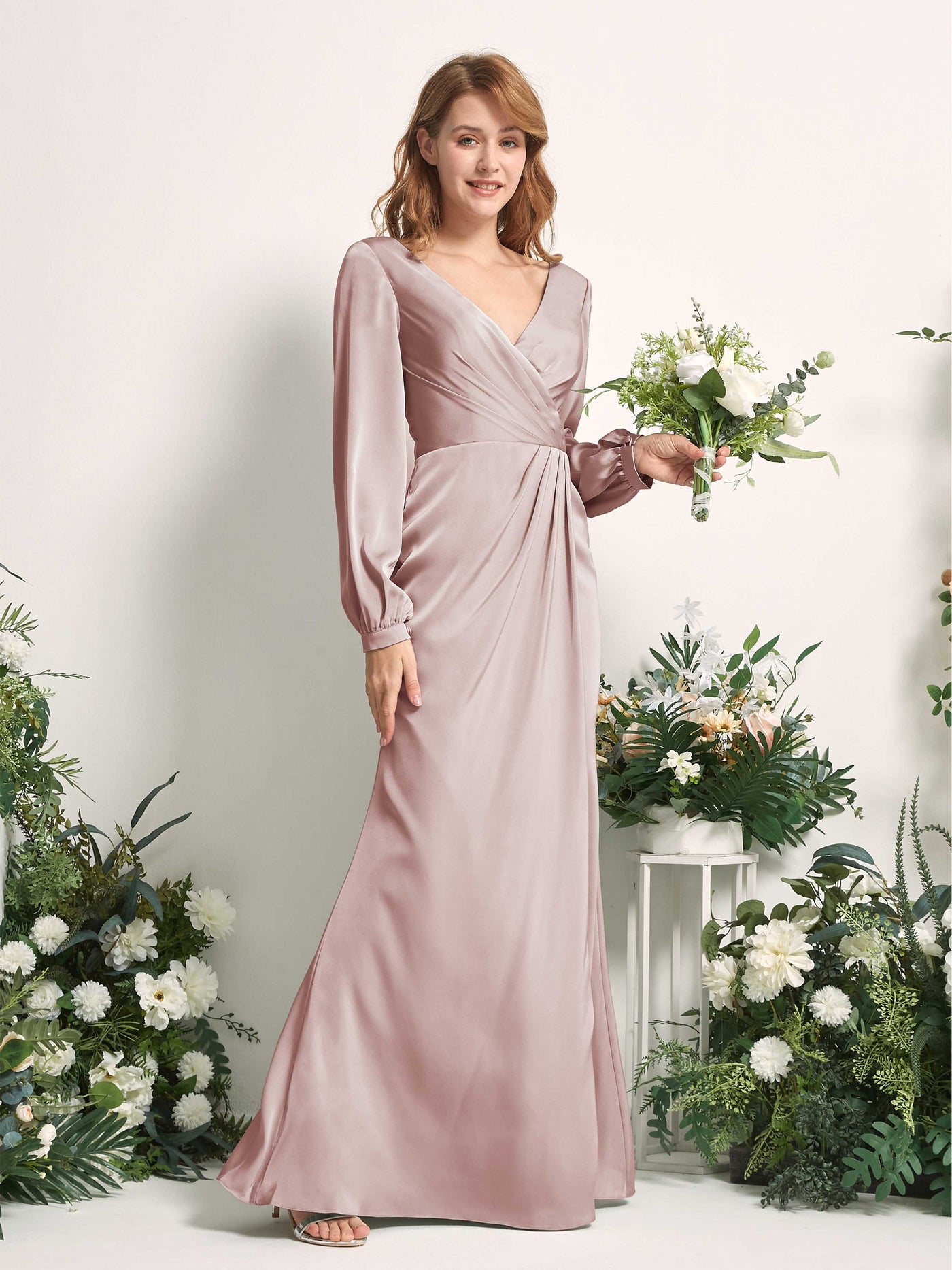 Dusty Rose Bridesmaid Dresses Bridesmaid Dress Ball Gown Satin V-neck Full Length Long Sleeves Wedding Party Dress (80225154)#color_dusty-rose