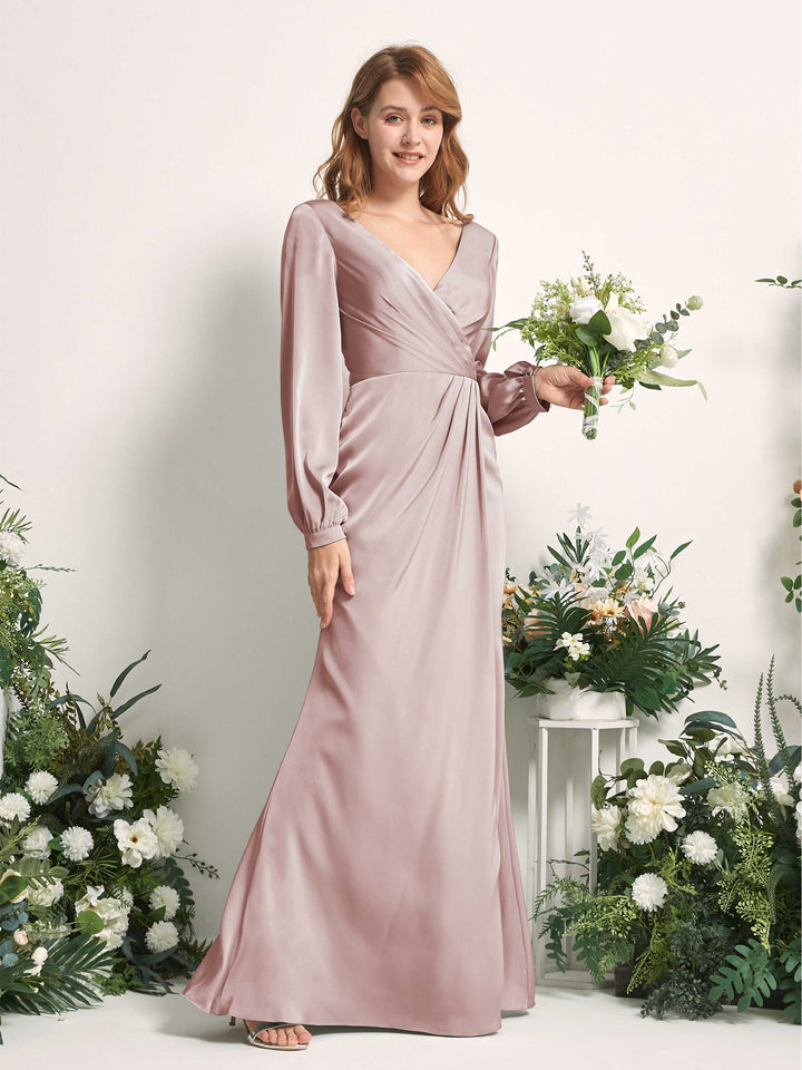 Dusty Rose Bridesmaid Dresses Bridesmaid Dress Ball Gown Satin V-neck Full Length Long Sleeves Wedding Party Dress (80225154)