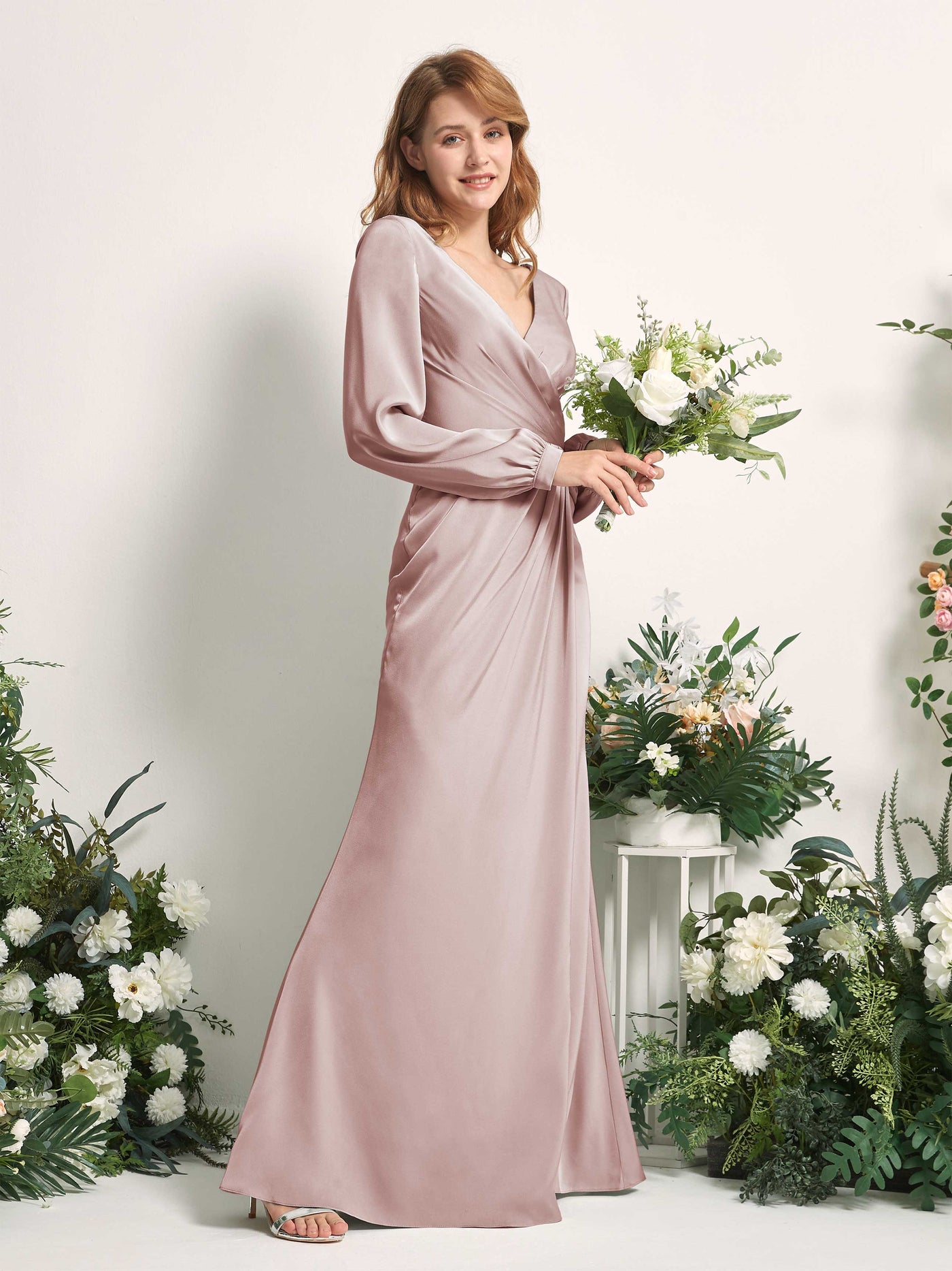 Pearl Pink Satin V-Neck Bridesmaid Dress Mermaid Floor-Length | Carlyna Pearl Pink Satin V-Neck Bridesmaid Dress Mermaid Floor-Length | Carlyna