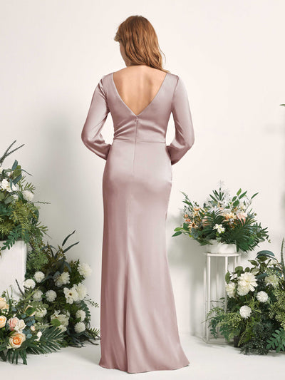 Carlyna Taylor Mermaid Dusty Rose Satin Bridesmaid Dress Maxi Long Sleeve V-Neck Back View #color_dusty-rose