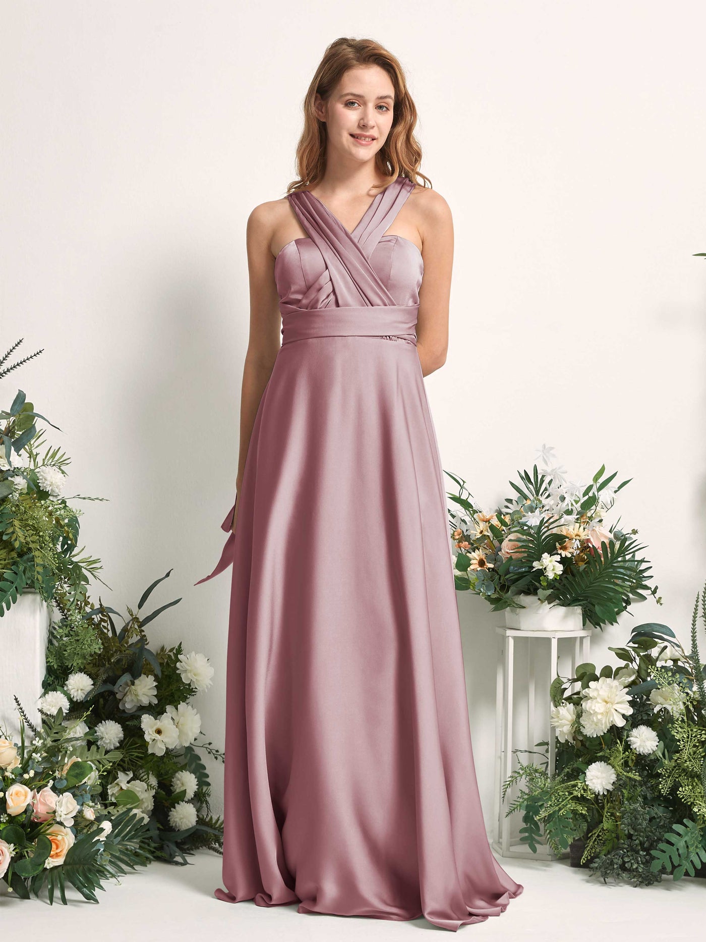 Rose Quartz Bridesmaid Dresses Bridesmaid Dress A-line Satin Halter Full Length Short Sleeves Wedding Party Dress (81226466)#color_rose-quartz