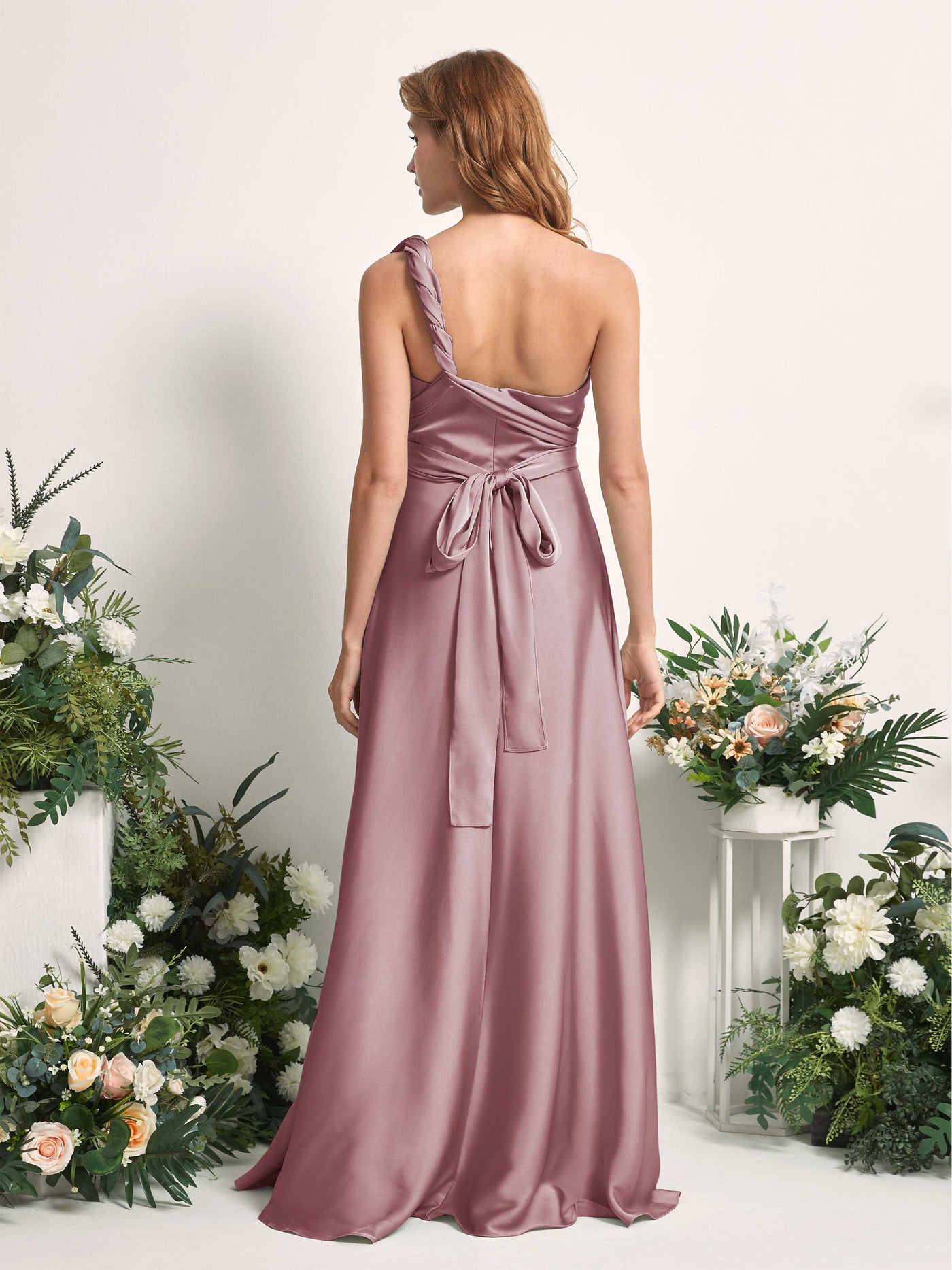 Rose Quartz Bridesmaid Dresses Bridesmaid Dress A-line Satin Halter Full Length Short Sleeves Wedding Party Dress (81226466)#color_rose-quartz