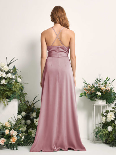 Carlyna Allison A-Line Rose Quartz Satin Bridesmaid Dress Maxi Sleeveless V-Neck Dress Back View #color_rose-quartz