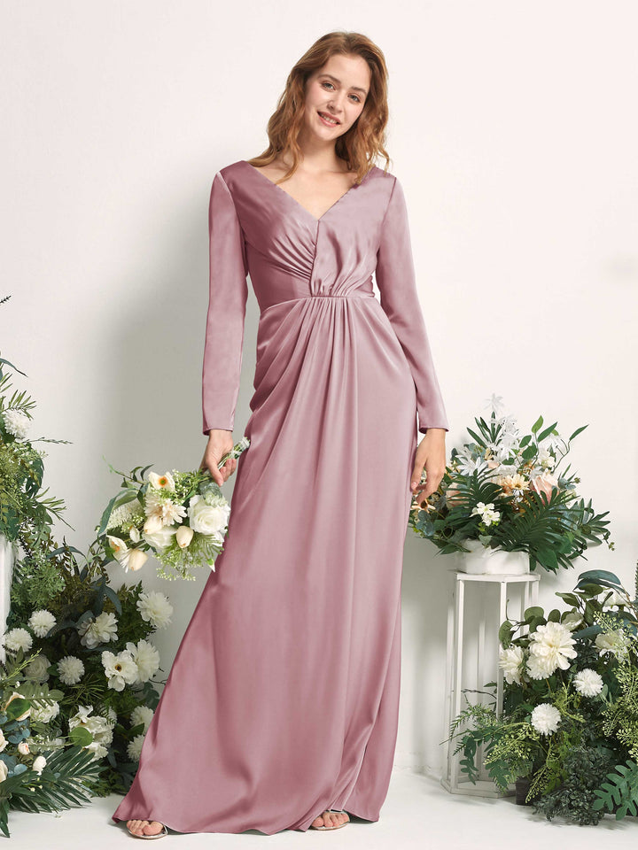 Rose Quartz Bridesmaid Dresses Bridesmaid Dress A-line Satin V-neck Full Length Long Sleeves Wedding Party Dress (80225866)