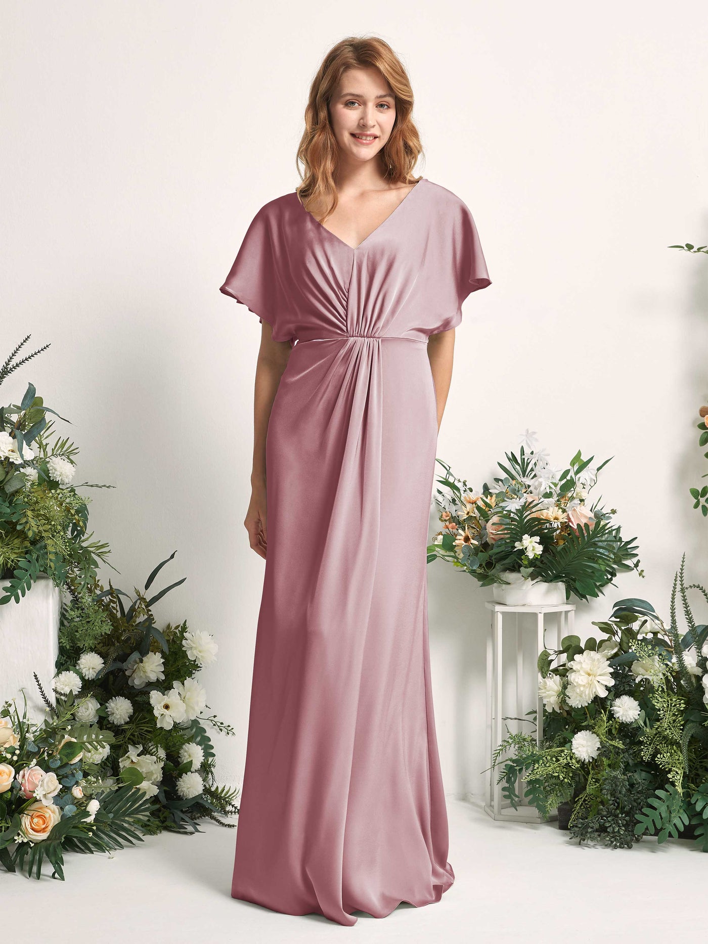 Rose Quartz Bridesmaid Dresses Bridesmaid Dress A-line Satin V-neck Full Length Short Sleeves Wedding Party Dress (80225566)#color_rose-quartz