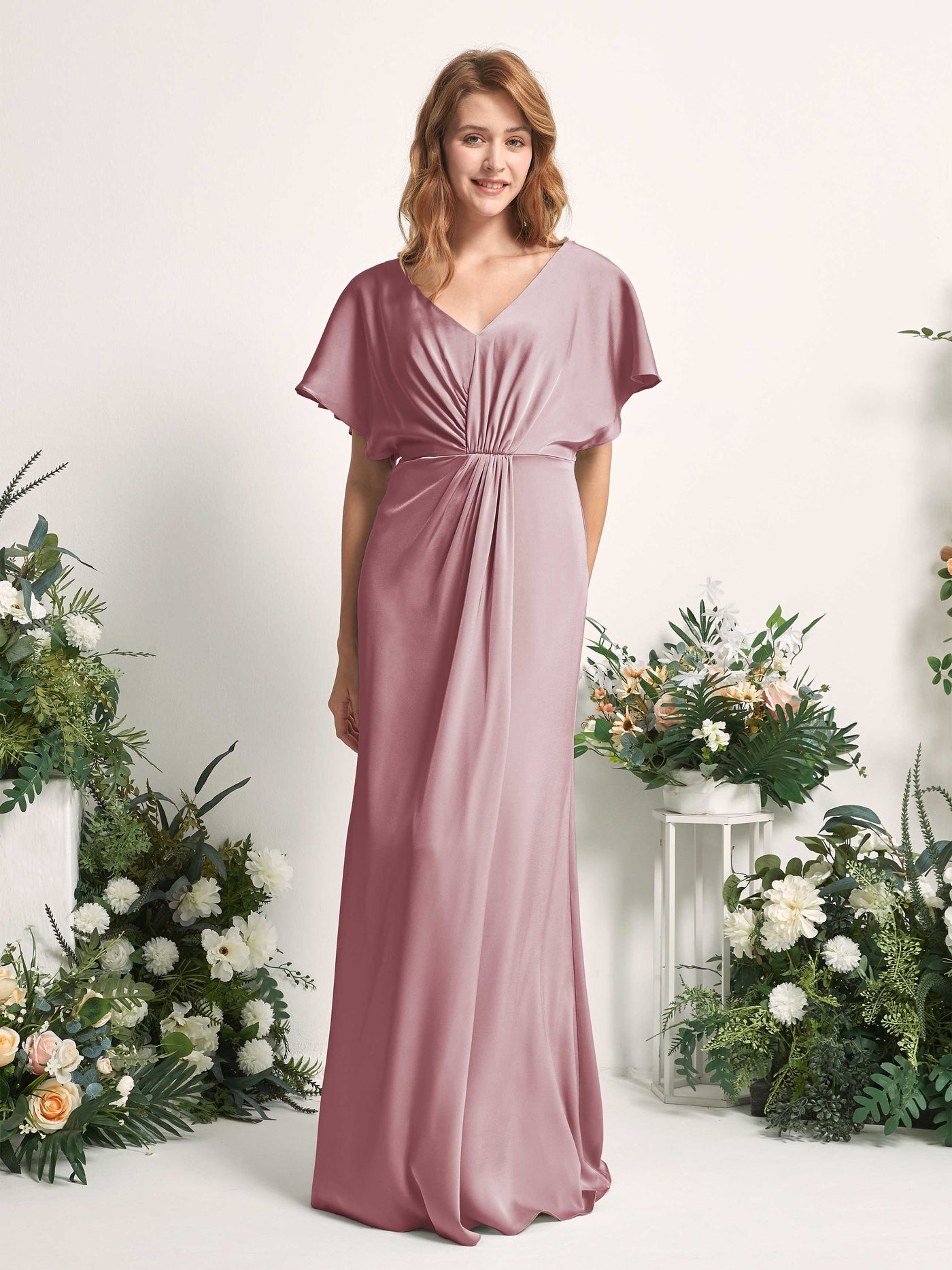 Taupe Satin V-Neck Bridesmaid Dress A-Line Floor-Length