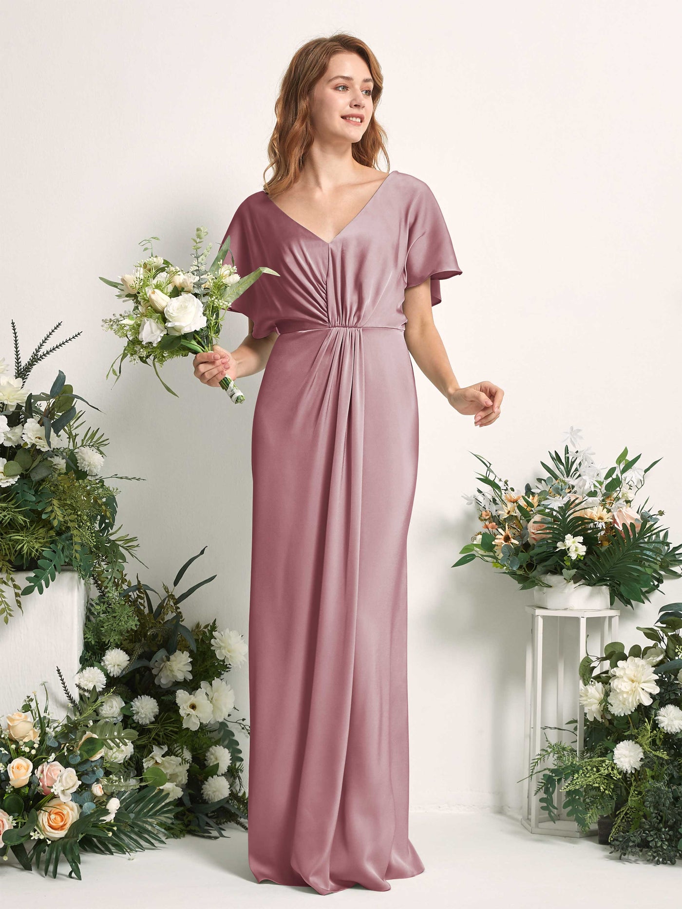 Rose Quartz Bridesmaid Dresses Bridesmaid Dress A-line Satin V-neck Full Length Short Sleeves Wedding Party Dress (80225566)#color_rose-quartz