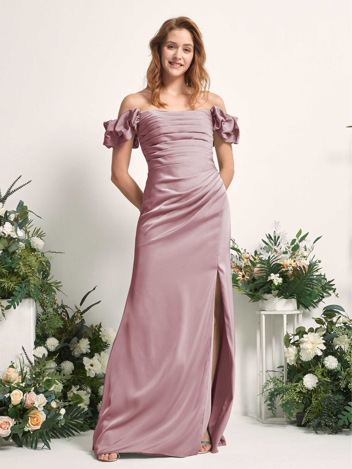 Rose Quartz Bridesmaid Dresses Bridesmaid Dress A-line Satin Off Shoulder Full Length Short Sleeves Wedding Party Dress (80226466)