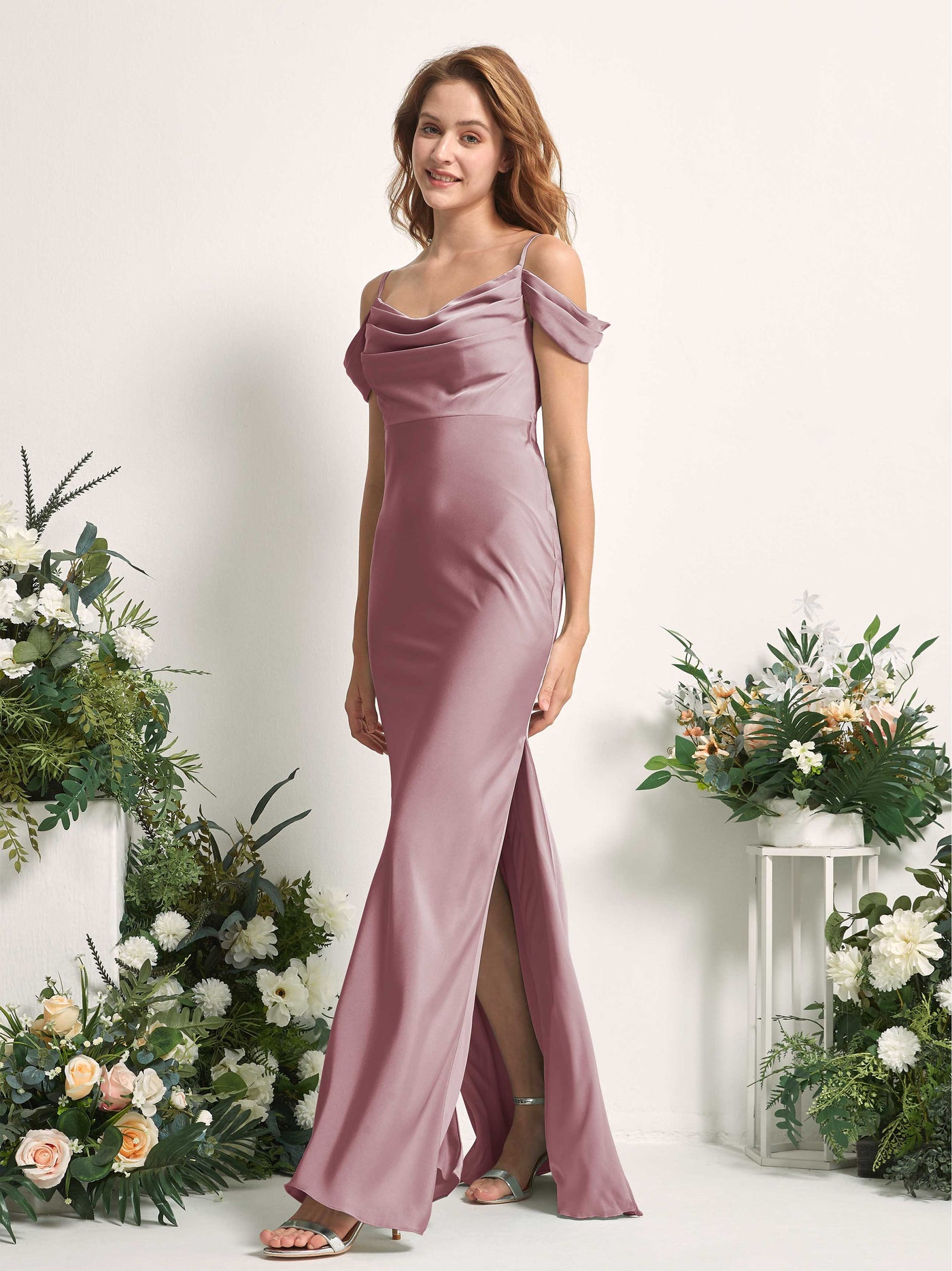 Rose Quartz Bridesmaid Dresses Bridesmaid Dress Mermaid/Trumpet Satin Off Shoulder Full Length Sleeveless Wedding Party Dress (80225366)#color_rose-quartz