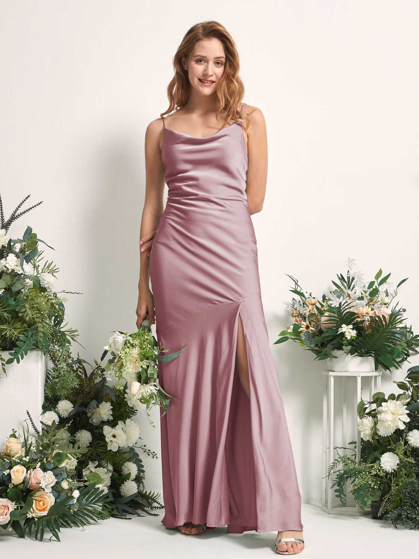Rose Quartz Bridesmaid Dresses Bridesmaid Dress Mermaid/Trumpet Satin Spaghetti-straps Full Length Sleeveless Wedding Party Dress (80225666)#color_rose-quartz